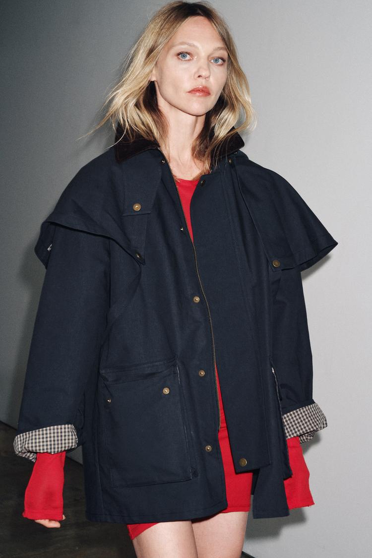 Trench Coat with Contrast Collar & Detachable Hood