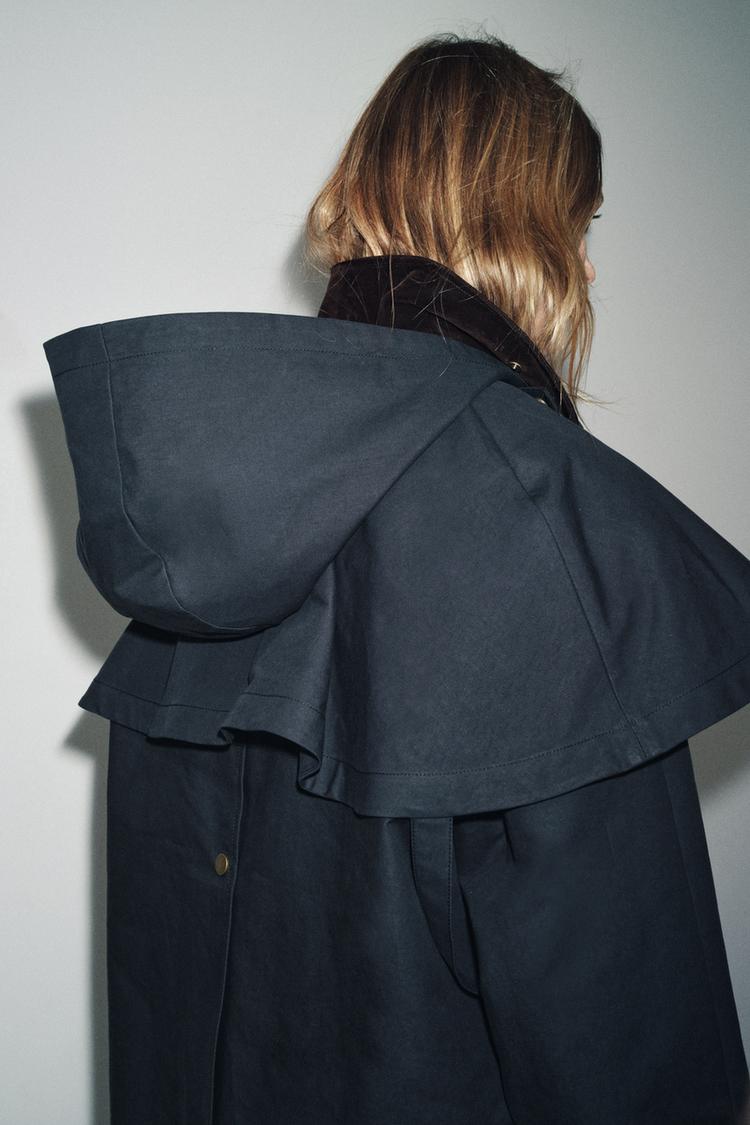 Trench Coat with Contrast Collar & Detachable Hood