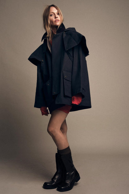 Trench Coat with Contrast Collar & Detachable Hood